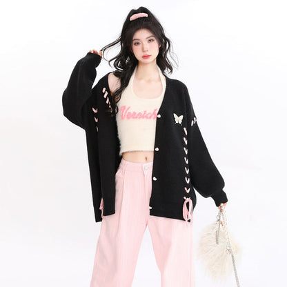 Butterfly Ribbon Heart-Shaped Button Cardigan Sweater Coat