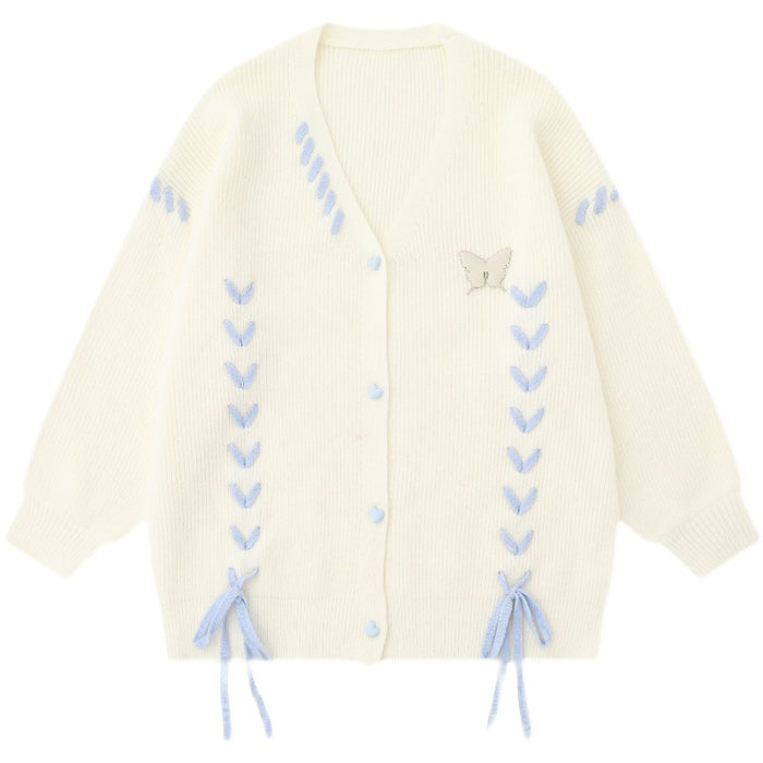 Butterfly Ribbon Heart-Shaped Button Cardigan Sweater Coat