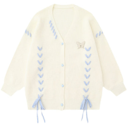 Butterfly Ribbon Heart-Shaped Button Cardigan Sweater Coat