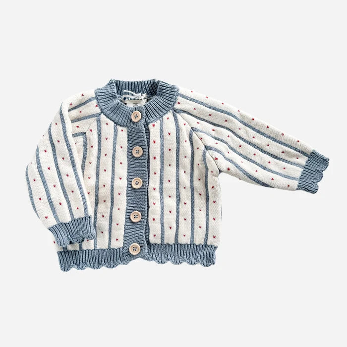Children's cardigan with blue and white striped pattern on a light gray background