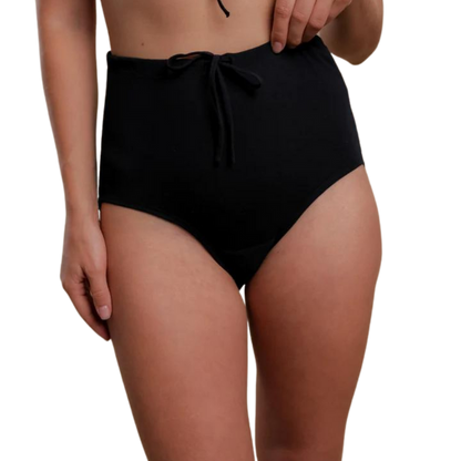 Drawstring elastic free panties in a high waisted style in black on a model.