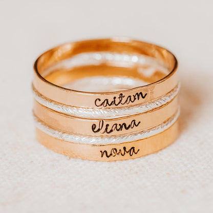 Custom Gold or Silver Stacking Name Ring, Hand Stamped Personalized Band, Minimalist Family Jewelry, Mother’s Ring Salt and Sparkle