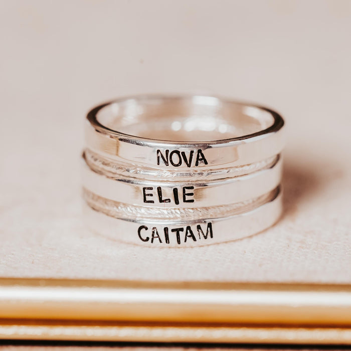 Custom Gold or Silver Stacking Name Ring, Hand Stamped Personalized Band, Minimalist Family Jewelry, Mother’s Ring Salt and Sparkle