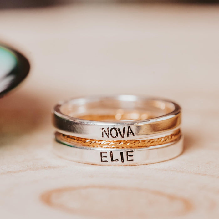 Custom Gold or Silver Stacking Name Ring, Hand Stamped Personalized Band, Minimalist Family Jewelry, Mother’s Ring Salt and Sparkle