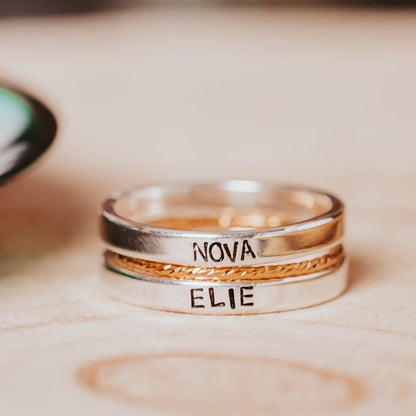 Custom Gold or Silver Stacking Name Ring, Hand Stamped Personalized Band, Minimalist Family Jewelry, Mother’s Ring Salt and Sparkle