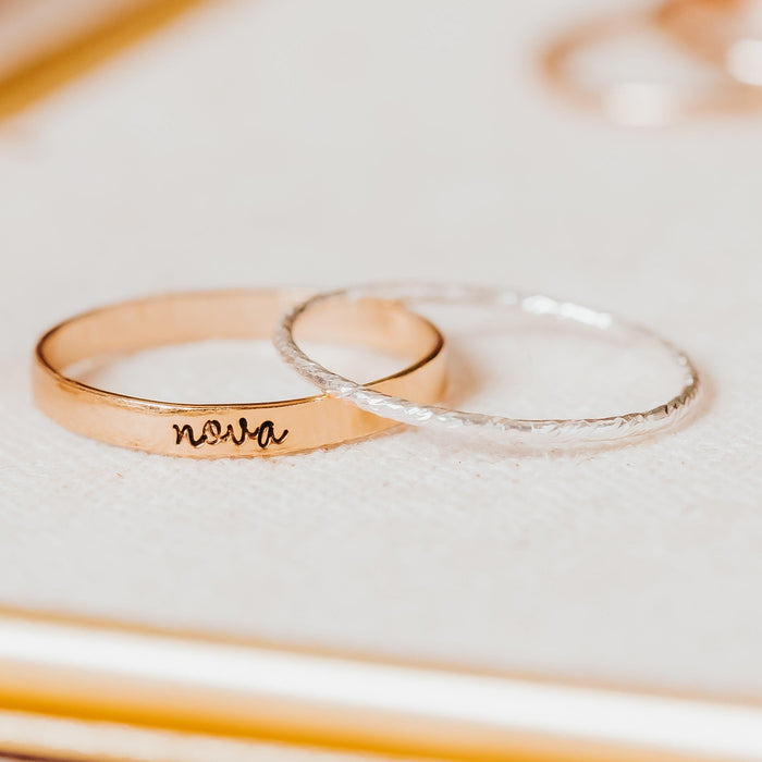 Custom Gold or Silver Stacking Name Ring, Hand Stamped Personalized Band, Minimalist Family Jewelry, Mother’s Ring Salt and Sparkle
