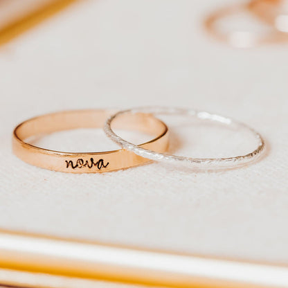 Custom Gold or Silver Stacking Name Ring, Hand Stamped Personalized Band, Minimalist Family Jewelry, Mother’s Ring Salt and Sparkle