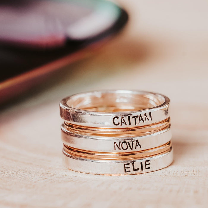 Custom Gold or Silver Stacking Name Ring, Hand Stamped Personalized Band, Minimalist Family Jewelry, Mother’s Ring Salt and Sparkle