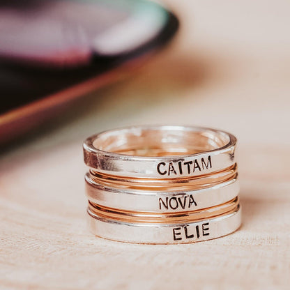Custom Gold or Silver Stacking Name Ring, Hand Stamped Personalized Band, Minimalist Family Jewelry, Mother’s Ring Salt and Sparkle