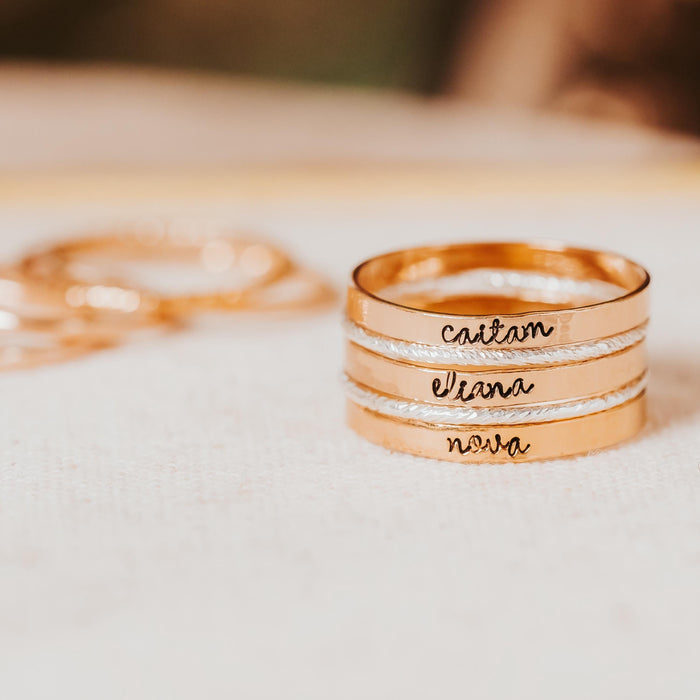 Custom Gold or Silver Stacking Name Ring, Hand Stamped Personalized Band, Minimalist Family Jewelry, Mother’s Ring Salt and Sparkle