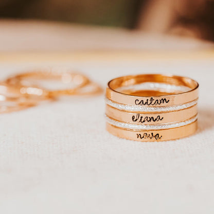 Custom Gold or Silver Stacking Name Ring, Hand Stamped Personalized Band, Minimalist Family Jewelry, Mother’s Ring Salt and Sparkle