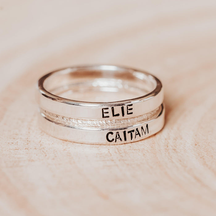 Custom Gold or Silver Stacking Name Ring, Hand Stamped Personalized Band, Minimalist Family Jewelry, Mother’s Ring Salt and Sparkle
