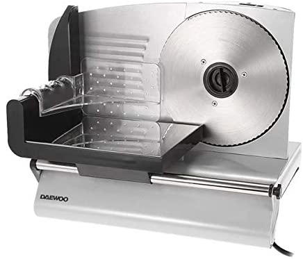 Daewoo DMS-1985 meat slicer with a stainless steel blade and a black plastic body, featuring a control knob on the top.