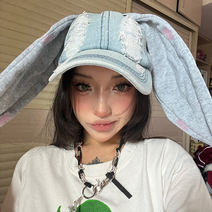 Distressed Long Bunny Ears Denim Duckbill Cap
