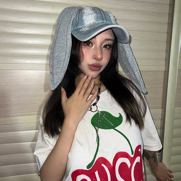 Distressed Long Bunny Ears Denim Duckbill Cap