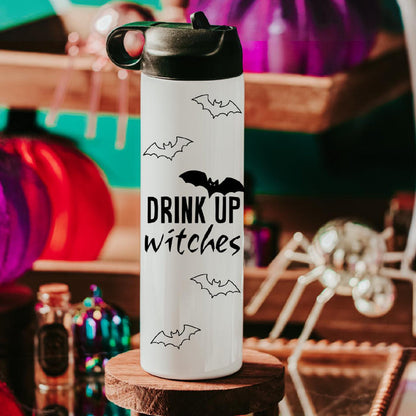 Drink up Witches Bat Halloween Water Bottle Drink Tumbler - Cute Bat Cup for Adults Trick or Treating Salt and Sparkle