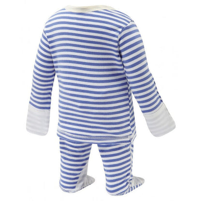 Scratchsleeves baby eczema pajamas  for sensitive skin in blue and white stripes. View from behind on a form, but not a model.