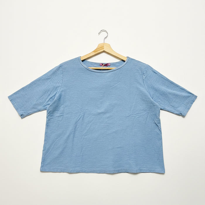 Blue t-shirt on a wooden hanger against a white background