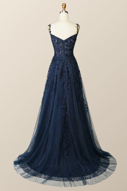 Navy Blue Lace Appliques A-line Long Formal Gown
