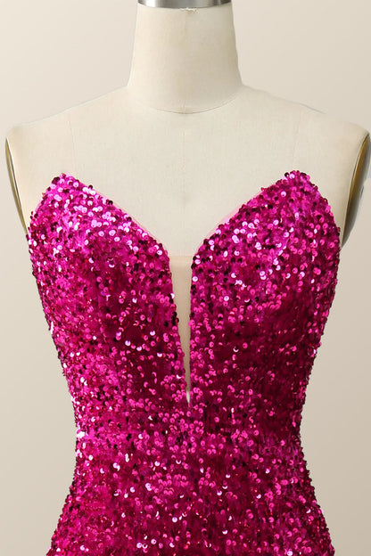 Strapless Fuchsia Sequin Mermaid Long Formal Dress