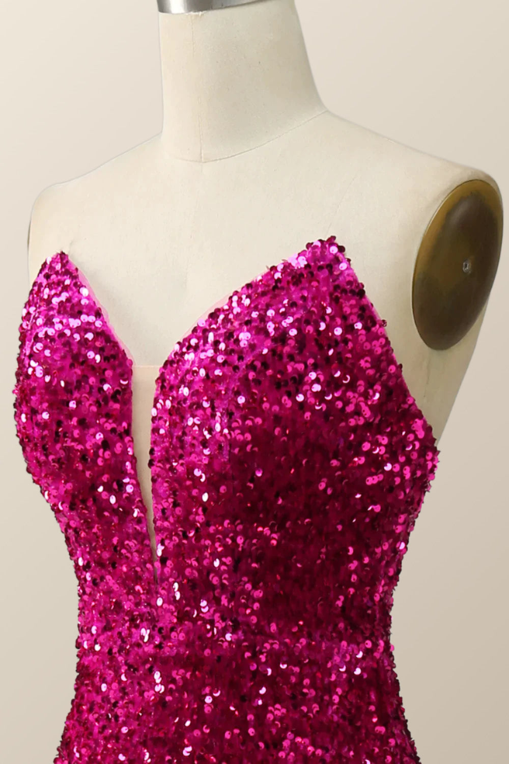 Strapless Fuchsia Sequin Mermaid Long Formal Dress