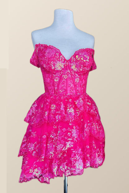 Off the Shoulder Hot Pink Sequin Tulle Short Dress