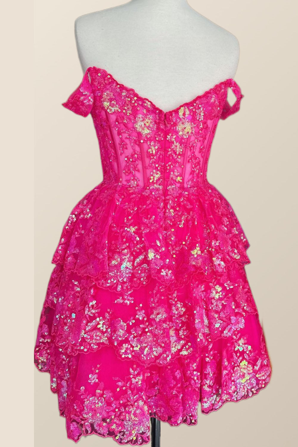 Off the Shoulder Hot Pink Sequin Tulle Short Dress