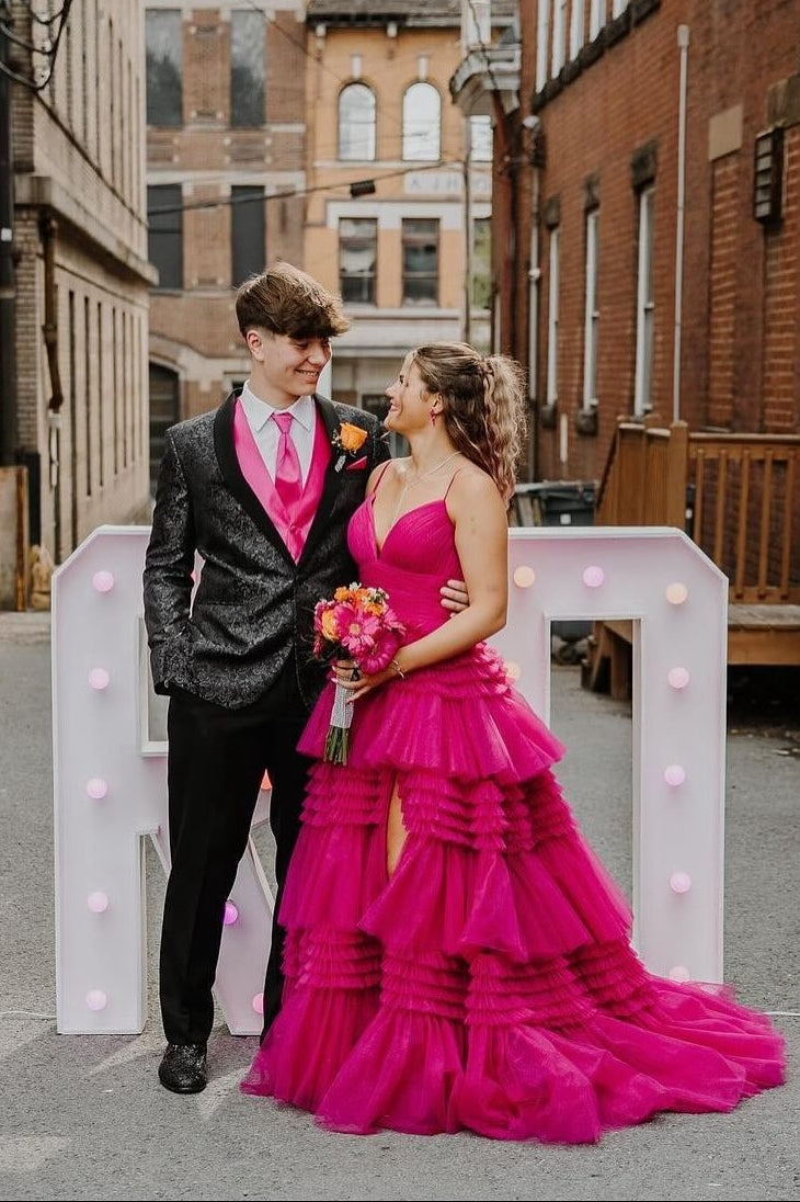Navy Blue Tiered Ruffle Long Ball Gown with Straps