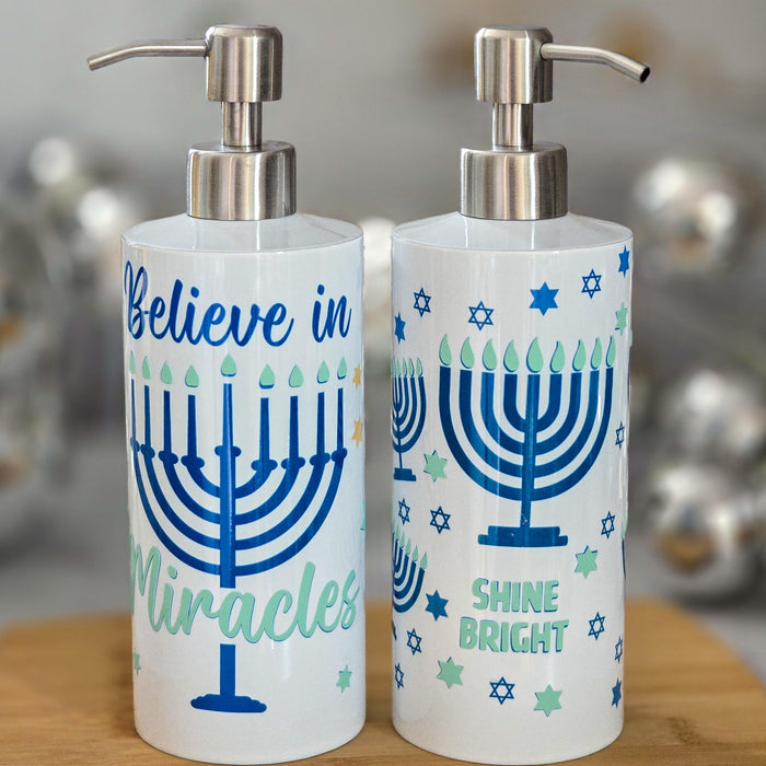 Shine Bright Hanukkah Home Soap Dispenser, Jewish Menorah Home Kitchen Decor, Jewish House Warming Gift for Chanukah, Stand with Israel Salt and Sparkle