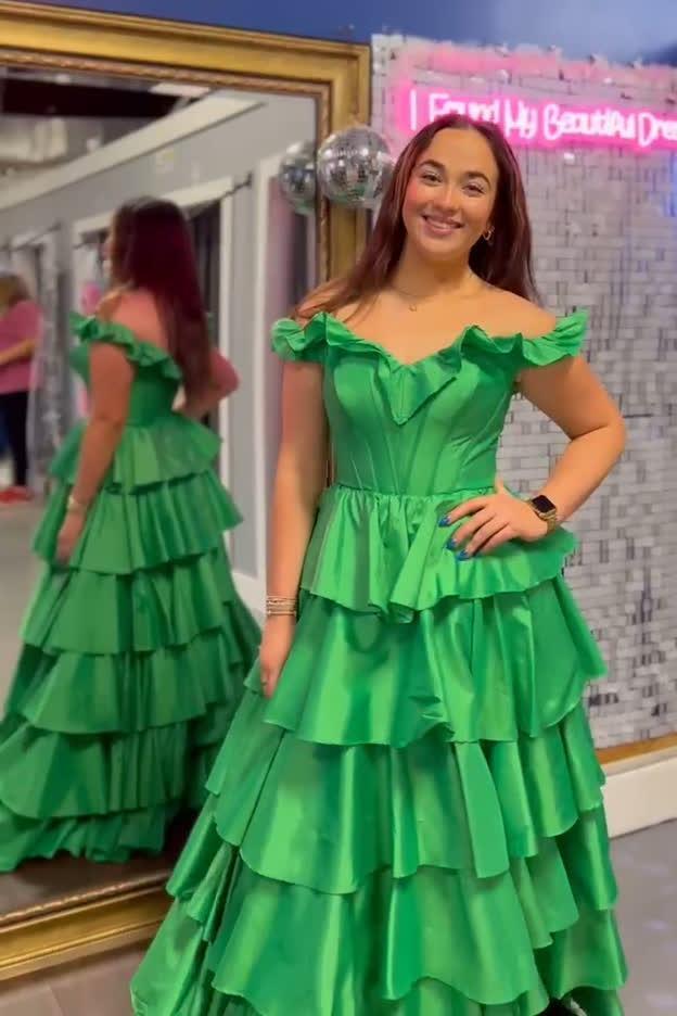 Off the Shoulder Emerald Tiered Long Dress with Slit