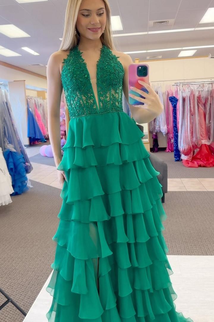 Halter Yellow Appliques Ruffle Long Dress