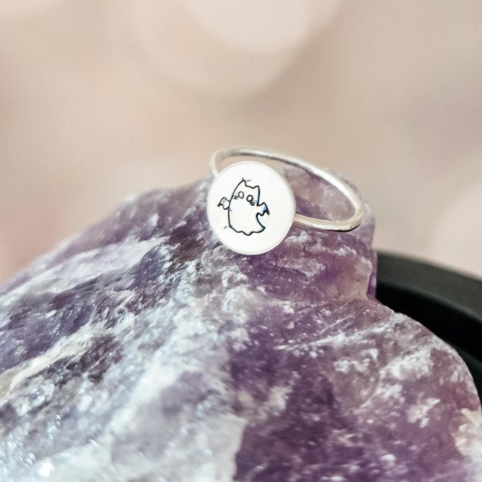 Handcrafted Ghost Cat Ring: Sterling Silver or Gold-Filled, Halloween Jewelry Salt and Sparkle