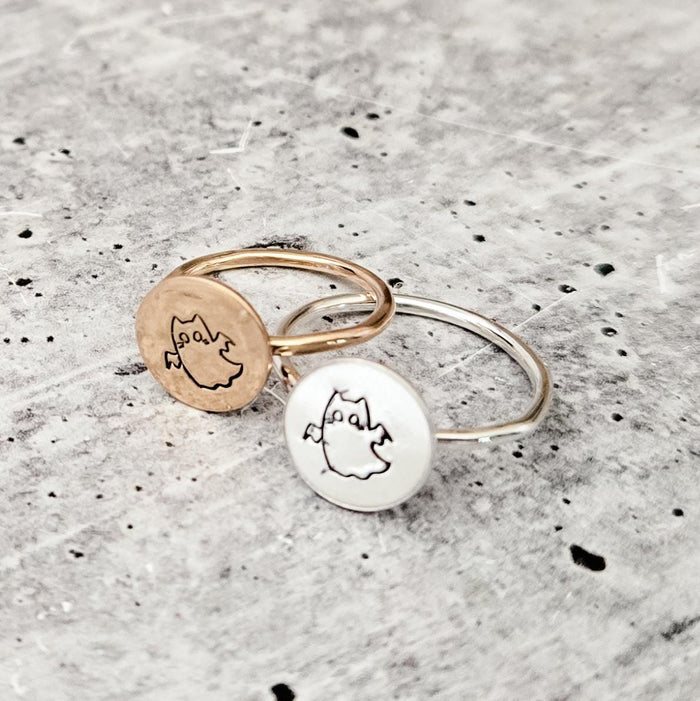Handcrafted Ghost Cat Ring: Sterling Silver or Gold-Filled, Halloween Jewelry Salt and Sparkle