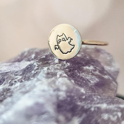Handcrafted Ghost Cat Ring: Sterling Silver or Gold-Filled, Halloween Jewelry Salt and Sparkle