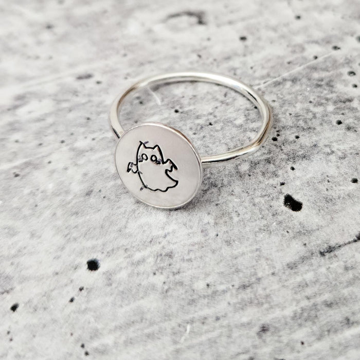 Handcrafted Ghost Cat Ring: Sterling Silver or Gold-Filled, Halloween Jewelry Salt and Sparkle
