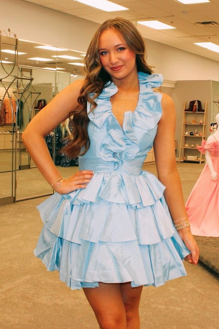 Halter Sage Green Ruffle Tiered Short Dress
