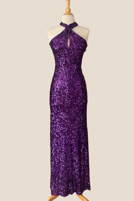 Halter Purple Sequin Sheath Long Party Dress