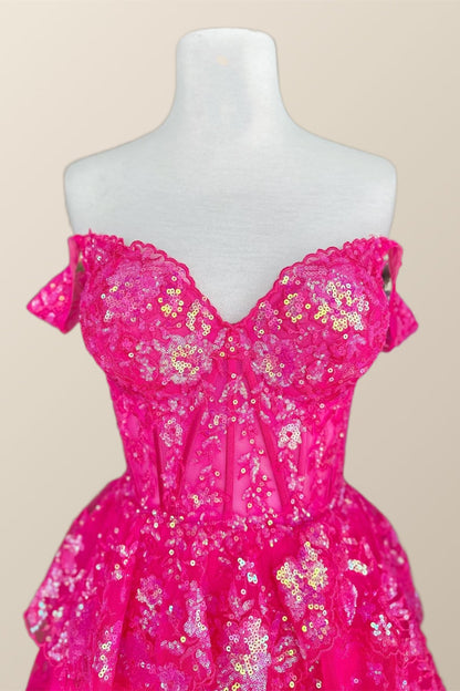 Off the Shoulder Hot Pink Sequin Tulle Short Dress