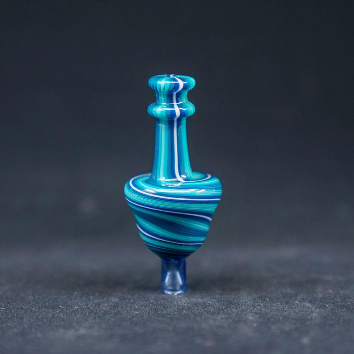 Artistic Handblown Glass Carb Cap: JWalkerGlass Linework Bubble Carb Cap, Hand-blown by @JWalkerGlass, Intricate Linework, Color Accents, Compatible with 25mm and 30mm Bangers, Precise Airflow Control, High-Quality Borosilicate Glass, Heat Resistance and Durability, Vibrant Color Combinations, Blue/Teal/Pink or Red/Gray/Yellow, Personalize Your Setup.