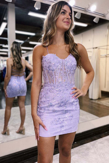 Light Blue Sheer Bodice Short Dress with Sequin