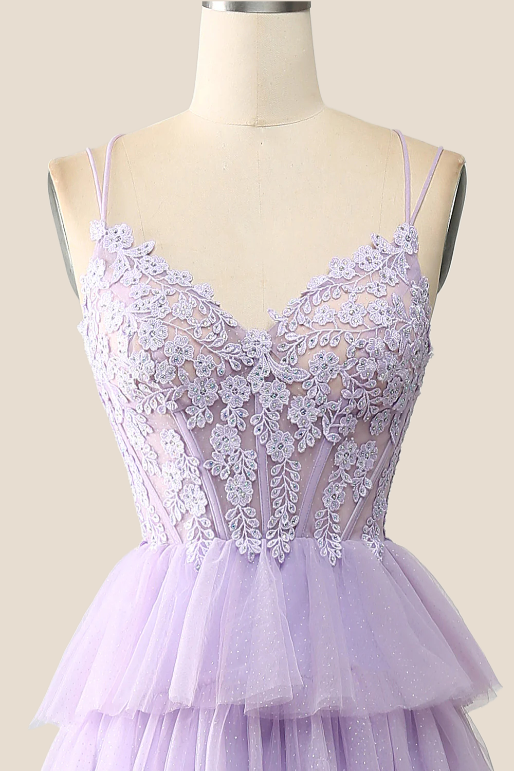 Lilac Appliques and Tulle Tiered Ruffle Gown
