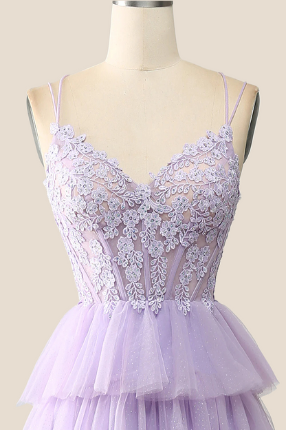 Lilac Appliques and Tulle Tiered Ruffle Gown