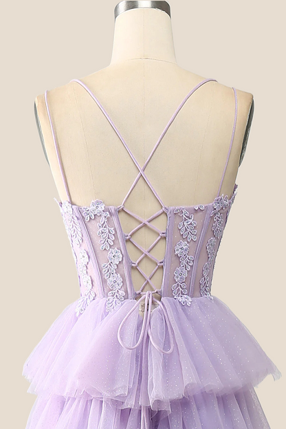 Lilac Appliques and Tulle Tiered Ruffle Gown