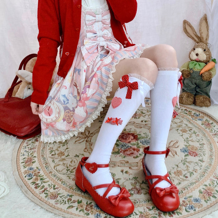 Lolita Hearts Ribbon Knee High Socks
