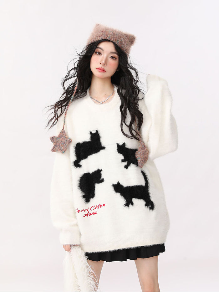 Loose Cat Print Round Neck Sweater