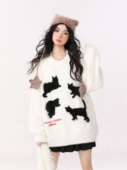 Loose Cat Print Round Neck Sweater