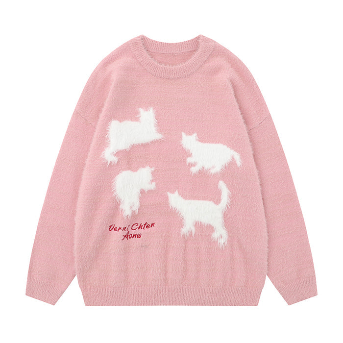 Loose Cat Print Round Neck Sweater