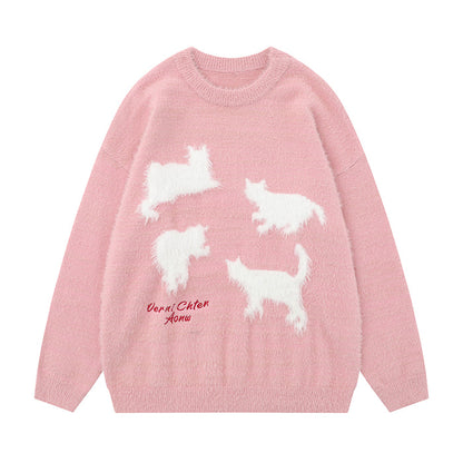 Loose Cat Print Round Neck Sweater