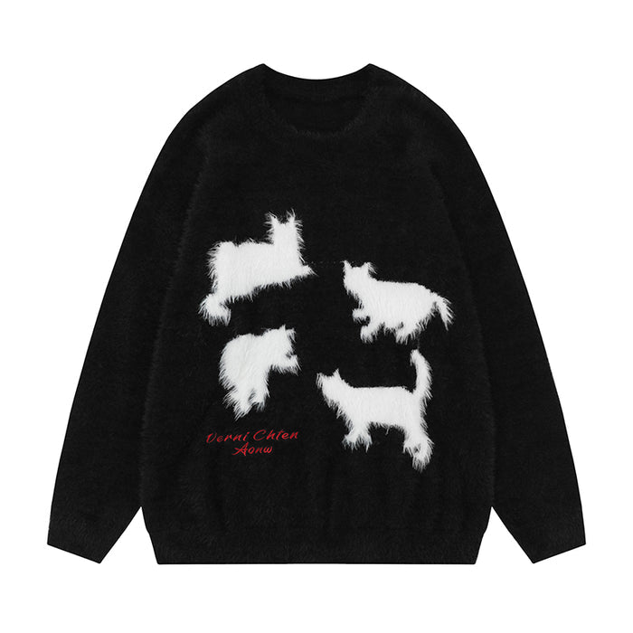 Loose Cat Print Round Neck Sweater