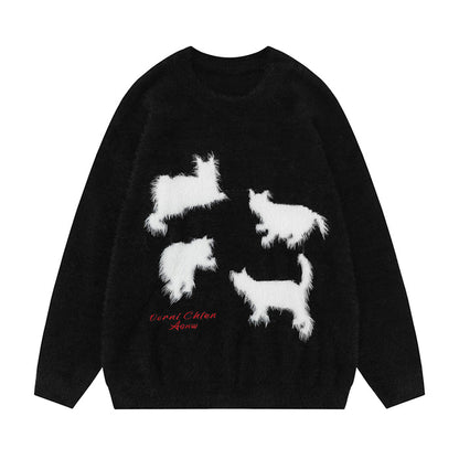 Loose Cat Print Round Neck Sweater